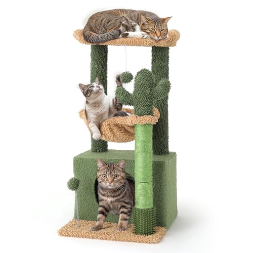 Athena Collection Kleiner Katzenbaum mit Kratzbaum, 84 cm, moderner niedlicher Katzenbaum mit gemütlicher Sitzstange, Hängemattenball für Kätzchen im Innenbereich, Kaktus-Schatten, Grün von Athena Collection