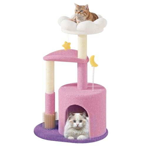Athena Collection Kleiner Katzenbaum mit Sisal-Kratzbaum, 83 cm, modern, niedlicher Blumen-Katzenbaumturm mit gemütlicher Sitzstange, Spielzeugball für drinnen, Kätzchen, Lila Athena Collection Kleiner Katzenbaum mit Sisal-Kratzbaum, 83 cm, modern, niedlicher Blumen-Katzenbaumturm mit gemütlicher Sitzstange, Spielzeugball für drinnen, Kätzchen, Lila von Athena Collection