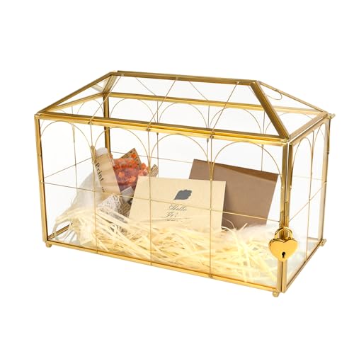 Atzciyr 27 x 19 x 34 cm Glas-Karten-Box mit Schlitz und Schloss für Hochzeitsempfang, Geburtstage, Party-Kartenhalter, Zuhause, geometrische Dekoration, transparentes Gold-Terrarium, Seitentür von Atzciyr