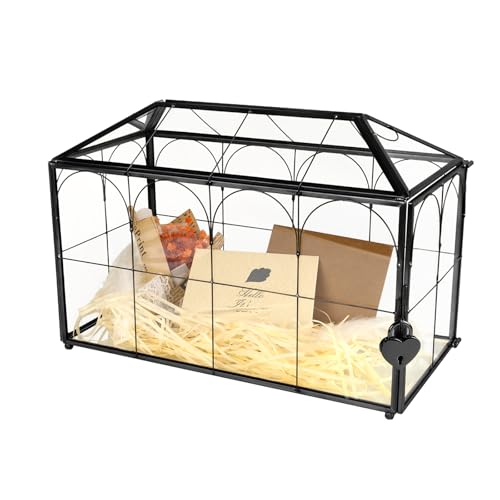 Atzciyr Hochzeitskartenbox aus Glas mit Schlitz, 29 x 19 x 40 cm, Umschlagkarte für Geburtstagsparty, Empfang, Heimdekoration, transparentes schwarzes Terrarium mit Schloss (Glasbox), Pflanzen, von Atzciyr