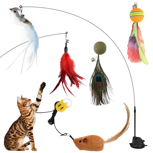 Aubess Katzenspielzeug, 8 Stück Katzenspielzeug Selbstbeschäftigung, Interaktives Katzenspielzeug mit Glocken Anhänger, Katzenspielzeug Angel mit Federn, Vogel, Bellender Maus und Saugnapf von Aubess