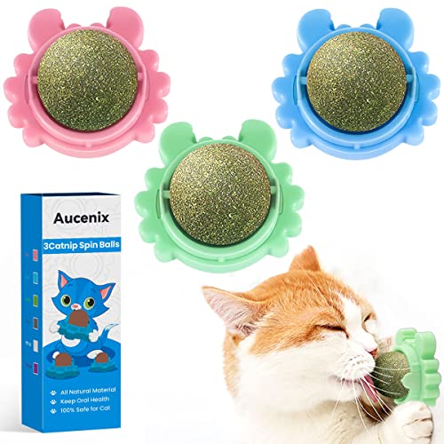 Aucenix 3 Stück Katzenminze Balls Spielzeug für Katze, Katzenminze Wandroller für Katzenlecken, Zahnreinigung Dentales essbares Kätzchenspielzeug, Natürliches drehbares Katzenspielzeug von Aucenix