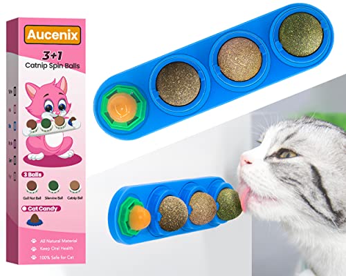Aucenix Katzenminze Ball, 4 Stück Natürliche Katzenminze Bälle Spielzeug für Katzen Lecken, Drehbare Zahnreinigung Dental Katze Spielzeug, Katzenminze Spielzeug für Kätzchen (Blau) von Aucenix