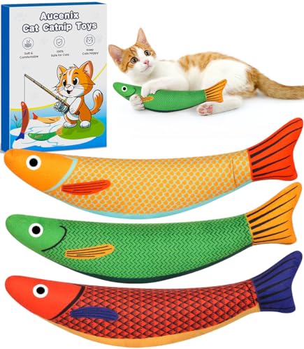 Aucenix Katzenspielzeug mit Katzenminze Kissen - Katzenminzen Spielzeug für Katzen, 3Pcs Interaktives Plüsch Catnip Toys Set mit Katzenminzebeutel, Selbstbeschäftigung Knarren Glocke für Cats von Aucenix