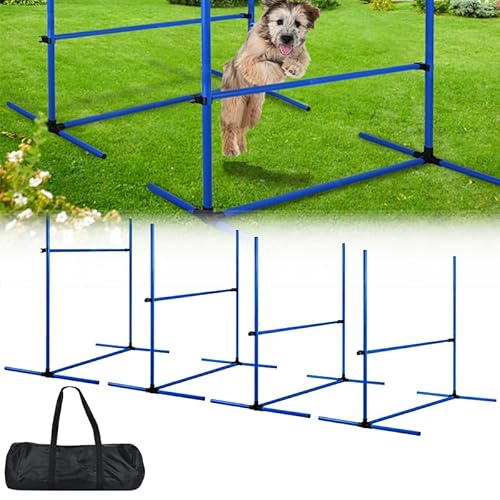 AufuN Hunde Agility Training Set, 4X Höhenverstellbare Hürden + Slalomstäbe inkl. Tragetasche, Professionelles Trainingsgerät für Hundeschulen & Heimgebrauch, 104x70x101 cm, Blau von AufuN