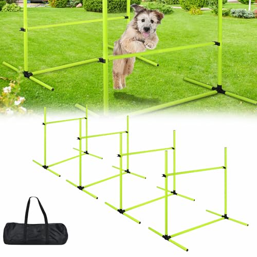 AufuN Hunde Agility Training Set, 4X Höhenverstellbare Hürden + Slalomstäbe inkl. Tragetasche, Professionelles Trainingsgerät für Hundeschulen & Heimgebrauch, 104x70x101 cm, Grün von AufuN