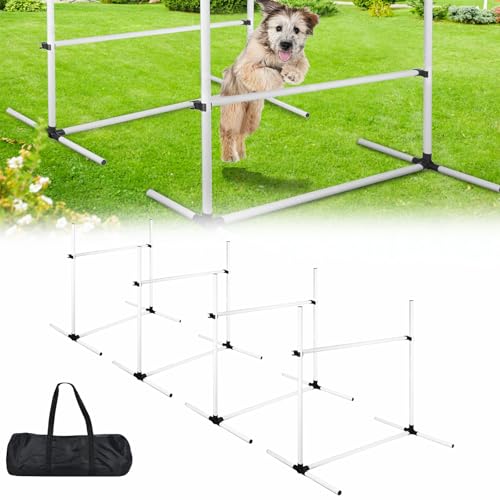 AufuN Hunde Agility Training Set, 4X Höhenverstellbare Hürden + Slalomstäbe inkl. Tragetasche, Professionelles Trainingsgerät für Hundeschulen & Heimgebrauch, 104x70x101 cm, Weiß von AufuN