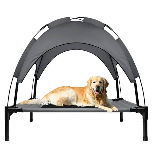 AufuN Hundebett mit Baldachin, L 122 x B 92 x H 102 cm Erhöhtes Haustierbett mit Dach und Eisenrahmen, Hundeliege Garten, Haustier Liegeplatz draußen, Atmungsaktiv, Katzenliege Katzenbett (XL) von AufuN