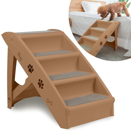 Aufun Hundetreppe 4 Stufen Faltbare Haustiertreppe mit Rutschfester Matte, 50 cm hohe Katzentreppe,Hunderampe Max. Belastung 75 kg, Tragbare Haustiertreppe für Hunde und Katzen,Bett oder Sofa(Braun) von AufuN