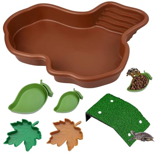 Futter- und Wassernapf-Set für Schildkröten mit Rampe, Blatt-Reptilienschale, große Schildkrötenschale (31 x 24,9 x 5,1 cm), ideal zum Füttern, Baden, Einweichen, Schildkröten und von Augonla