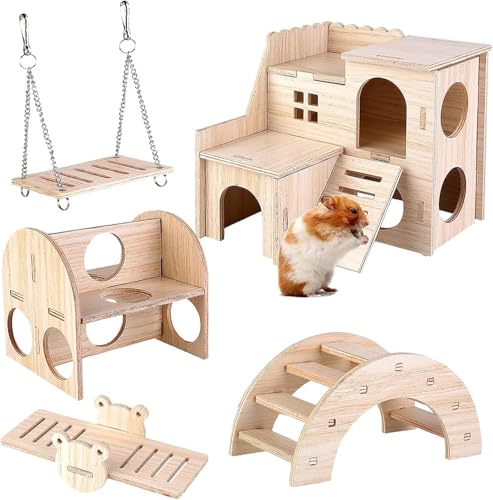 Auirshiky Hamster Spielzeug,5 Stück Meerschweinchen SpielzeugHamster Holzspielzeug,Hamsterhaus aus Holz,Zubehör für Hamster Inklusive Mehrkammerhaus, Drehbrücke, Brücke,Schaukel, Hamsterversteck Auirshiky Hamster Spielzeug,5 Stück Meerschweinchen SpielzeugHamster Holzspielzeug,Hamsterhaus aus Holz,Zubehör für Hamster Inklusive Mehrkammerhaus, Drehbrücke, Brücke,Schaukel, Hamsterversteck von Auirshiky