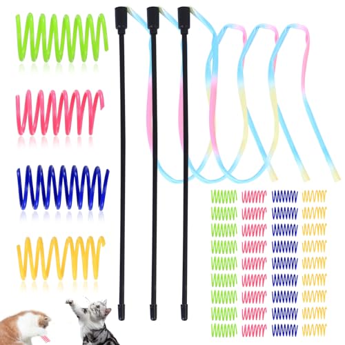 3Regenbogenstäbe+40Katzenspielzeuge mit Spiralfedern,interaktives Katzentrainingsspielzeug mit Band,BPA-freies Kombinationsset für Indoor-Aktivitäten und Training von Katzen(30 cm+60 cm) von Auktransceler