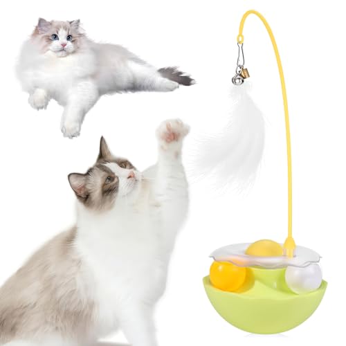 Auktransceler Interaktives Katzenspielzeug Fluoreszierendes Gelb,3-in-1 Selbstbeschäftigung mit Federangel, Katzenminze & Doppelkugeln | 360° Wackelbasis für Kitten & Erwachsene Katzen von Auktransceler