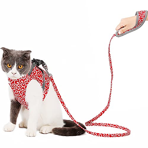 Aunye Soft Cat Harness with Rope - Atmungsaktives Netz Katzengeschirr - verstellbares weiches Haustierwestengeschirr mit reflektierender Kante für Spaziergänge im Freien (Rot, L) von Aunye