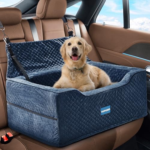 Aupures Perfekter Hundeautositz – große / mittelgroße Hundeerhöhung (bis zu 25 kg), höhenverstellbar, Stoff (Marineblau) von Aupures