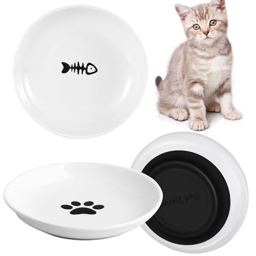 3 Stück Katzennapf Keramik mit Rutschfestem Silikonboden, 15cm Durchmesser Katzennäpfe für Futter und Wasser,Flach Katze Futternapf für Erleichterung Whisker Müdigkeit, Futternäpfe für Kätzchen,Hunde von Aurobest