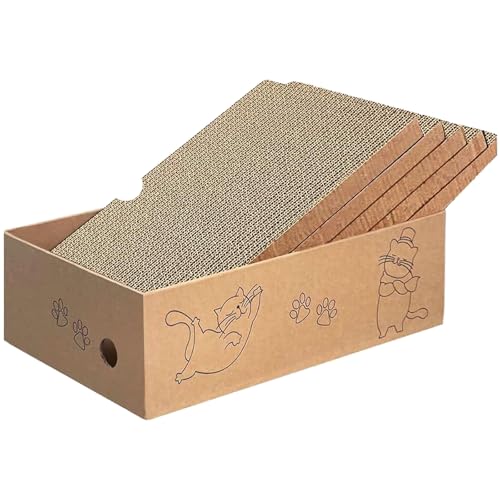 5 Stück Kratzbrett Katze mit 1 Box 42*26*13cm, Doppelseitige Kratzpappe für Krallenpflege, Wellpappe Katzenkratzer für Spielen, Schlafen, Indoor Wiederverwendbar Katzenkratzbox, Karton Katzenbett Set von Aurobest