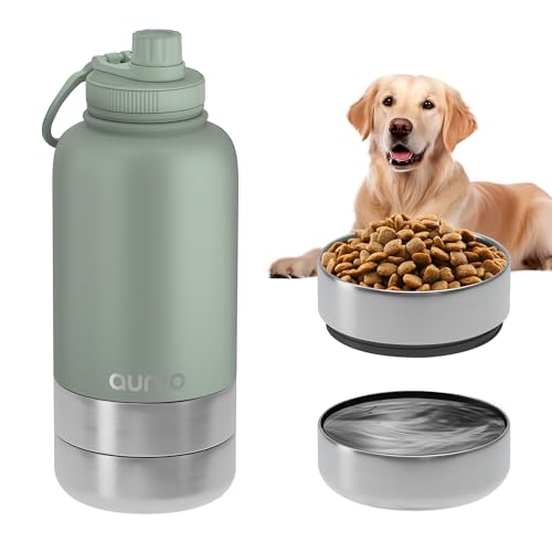 907.2 g Hund Wasserflasche mit Futter & Wassernäpfen - Auslaufsicherer, Isolierter Edelstahl, BPA-frei | Tragbare Reiseflasche für Wandern, Camping, Outdoor (Muted Olive, 907.2 g) von Aurvo