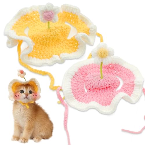 Niedliche Haustiermütze, Blumen-Cartoon-Katzen-Mütze, für kleine Katzen und Welpen, gestrickte Kätzchen, rosa, gelb, für Geburtstag, Weihnachten, Halloween-Party (Rosa, S, Gelb, M) von Auswalar