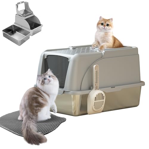 Auveach Geschlossene Katzentoilette aus Edelstahl 62 x 41 x 42 cm große Katzentoilette XXL 100L mit Matte und Schaufel Design Klapp-Design antihaftbeschichtet geruchshemmend leicht zu reinigen (Grau) Auveach Geschlossene Katzentoilette aus Edelstahl 62 x 41 x 42 cm große Katzentoilette XXL 100L mit Matte und Schaufel Design Klapp-Design antihaftbeschichtet geruchshemmend leicht zu reinigen (Grau) von Auveach