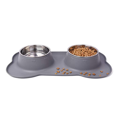 Auzkong Pet Bowls für Hunde Katzen, Edelstahl Dog Cat Bowl mit rutschfester Silikonmatte, 2 x 400 ml / Schüssel für Katzen und kleine Hunde von 5 bis 15 kg 1 Stk (Grau) von Auzkong