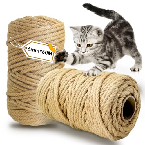 Sisalseil für Kratzbaum 6mm X 60m, 2 Stück Natur Sisal Seil für Katzen, Kratzbaum Schnur, Sisal Rope, Strick für Katzenbaum, Kratzbaumdekoration, Kratzseil, Haushalt, Garten, DIY von Avagiaforu