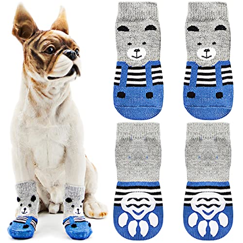 Avaner 4 Stücke Hundesocken mit Bärenmuster rutschfeste Pfotenschutz Socken Hohe Elastizität Hundeschuhe Weiche Socken Indoor Antirutschsocken für kleine Hunde Haustiere von Avaner
