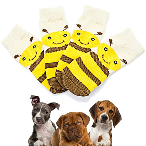 Avaner 4 Stücke Hundesocken mit Bienenmuster rutschfeste Pfotenschutz Socken Hohe Elastizität Hundeschuhe Weiche Socken Indoor Antirutschsocken für kleine Hunde Haustiere von Avaner