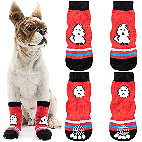 Avaner 4 Stücke Hundesocken mit rutschfestem Gummi Pfotenschutz Hohe Elastizität Hundeschuhe Weiche Socken Indoor Antirutschsocken für kleine Hunde Haustiere von Avaner