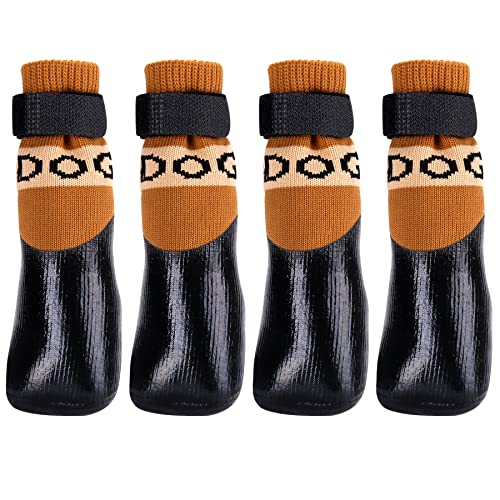 Pfotenschutz Avaner Hundeschuhe 4pcs Outdoor Sportschuhe Hundesocken wasserdichte Hundestiefel mit Anti-Rutsch Sohle Regenschutz Hundeschuhe Braun für KLEINE MITTELGROSSE Hunde Katzen (Größe XL) von Avaner