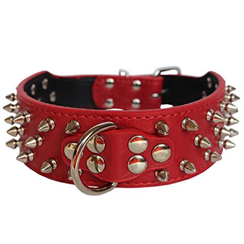 Avenpets 3 Reihen Nietenhalsband mit D-Ring, verstellbar, Leder, für tägliche Aktivitäten, Rot, XS (Halsumfang 38,1–45,7 cm) von Avenpets