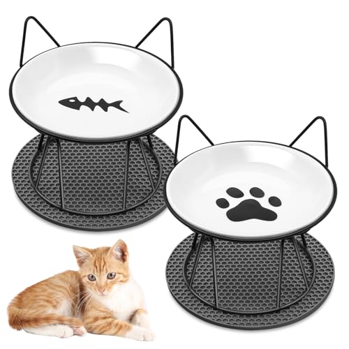 Avmvnvc Katzennapf Erhöht, 2 Teiliger Futternapf Katze aus Keramik, Rutschfester Katzennapf mit Metallhalter und Napfunterlage Silikon, Fressnapf und Wassernapf für Katzen und Kleine Hunde von Avmvnvc