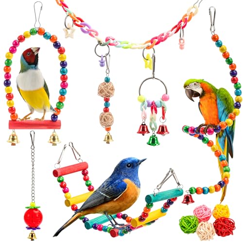Avont 12 PCS Vogelspielzeug Papageien Spielzeug Kauspielzeug Mehrfarbige Naturholz Schaukel Kauspielzeug Hängende Glocke Vogelkäfig für Vögel von Avont