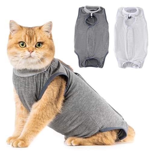 Avont [2 Stück] Katzenbody nach OP Erholungsanzug Kleidung Modal Recovery Kastration Spay Entwöhnung Leckschutz Suit für Katze, Bauchwunden oder Hautkrankheiten-L-Grau von Avont