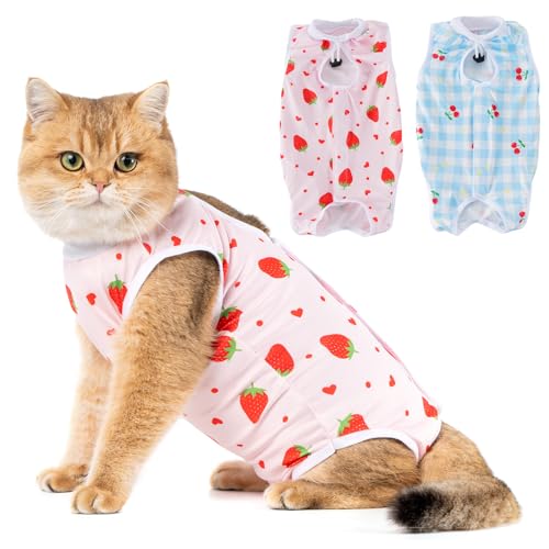 Avont [2 Stück] Katzenbody nach OP Erholungsanzug Kleidung Modal Recovery Kastration Spay Entwöhnung Leckschutz Suit für Katze, Bauchwunden oder Hautkrankheiten-S-Kirsche/Erdbeere von Avont