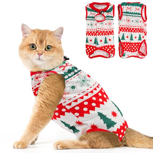 Avont Katzenbody nach OP Erholungsanzug Kleidung Modal Recovery Kastration Spay Entwöhnung Leckschutz Suit für Katze, Bauchwunden oder Hautkrankheiten-M-Weihnachtstag von Avont