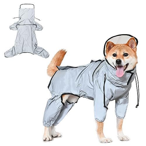 Avont Regenjacke Hunde Reflektierende Regenmantel wasserdichte Sichere Hiking Reißverschlüsse Hundemantel, mit 4 Beine & Durchsichtige Kapuze für Kleine, Mittelgroße und Große - Silbrig -M von Avont