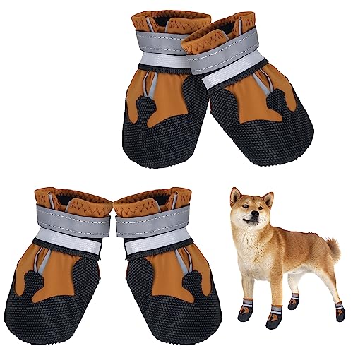 Avvrel Hundeschuhe, 4 Stück Pfotenschutz Hundestiefel rutschfeste wasserdichte Hundeschuhe mit Verstellbar Reflektierendem Riemen, Outdoor Hundeschuhe für Kleine Mittel Große Hunde (L, Braun) von Avvrel