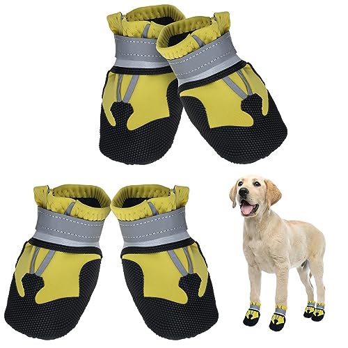 Avvrel Hundeschuhe, 4 Stück Pfotenschutz Hundestiefel rutschfeste wasserdichte Hundeschuhe mit Verstellbar Reflektierendem Riemen, Outdoor Hundeschuhe für Kleine Mittel Große Hunde (L, Gelbe) von Avvrel