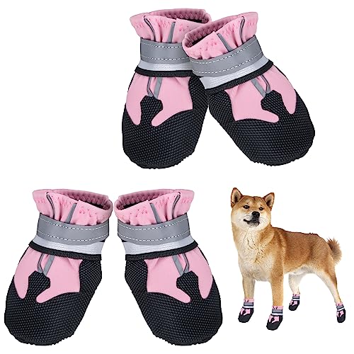 Avvrel Hundeschuhe, 4 Stück Pfotenschutz Hundestiefel rutschfeste wasserdichte Hundeschuhe mit Verstellbar Reflektierendem Riemen, Outdoor Hundeschuhe für Kleine Mittel Große Hunde (XXL, Rosa) von Avvrel