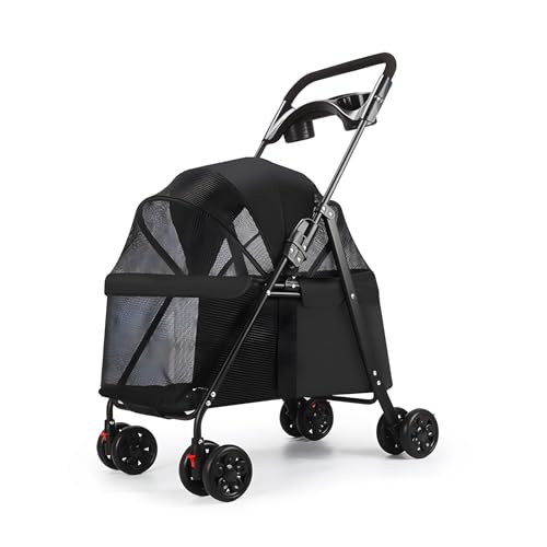 Awjaisca 4 -Rad Faltbarer Haustierwagen für Hunde und Katzen, Reisebegleiter im Freien mit Tassenhalter und transparentem Fenster - ideal für mittlere und kleine Rassen Schwarz von Awjaisca