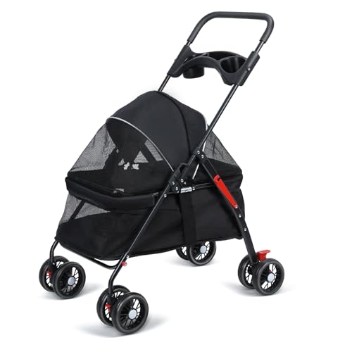 Awjaisca 4 Räder Hundekatze Kinderwagen mit Zwei Tassen und geräumiger Lagerung, Katzenwagen mit einstellbarem Baldachin, Haustierfalt -Kinderwagen für mühelose Außenreise mit atmungsaktivem Net von Awjaisca