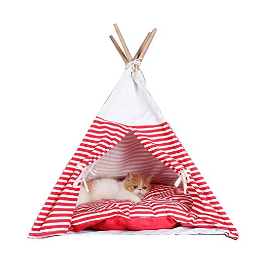 Awning Cranks Hundebett Tragbare Haustier-Zelt-Pet Teepee Streifen Camping-Zelt Dog House Bed Faltzelte Bett for Kleine Hunde (mit Kissen) TJWY Shop (Color : Red) von Awning Cranks