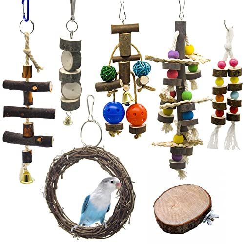 7-teiliges Vogelspielzeug-Set, Papageien-Kaublöcke mit Glocken, Schaukelstange, Holzplattform für Kanarienvögel, Vogel-Plattform, Ständer, Sitzstange für Sittiche für Käfige von Awydky
