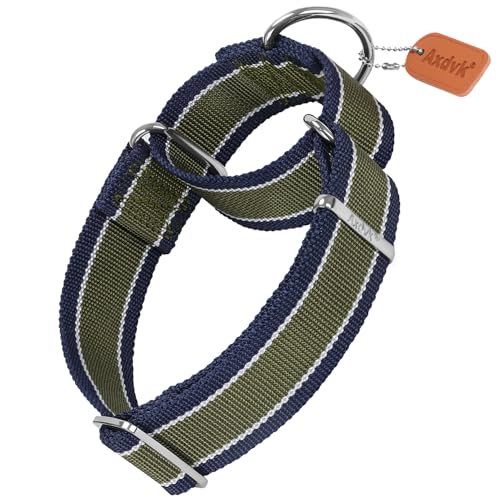 Axdvk Martingale Halsband für Hunde-4 cm Breites, 1600D Hochfestes Ausbruchssicheres Nylon-Halsband mit 3-Farben Streifen-Zugfest & Langlebig für Mittelgroße bis Sehr Große Hunde L, Armee Grün & Grau von Axdvk