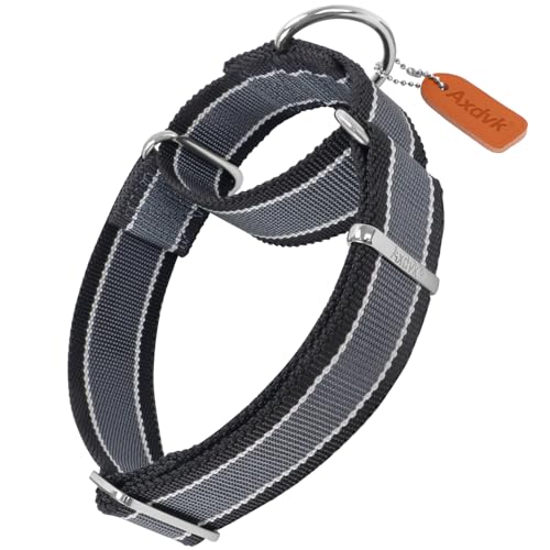 Axdvk Martingale Halsband für Hunde-4 cm Breites, 1600D Hochfestes Ausbruchssicheres Nylon-Halsband mit 3-Farben Streifen-Zugfest & Langlebig für Mittelgroße bis Sehr Große Hunde M, Graublau & Schwarz von Axdvk
