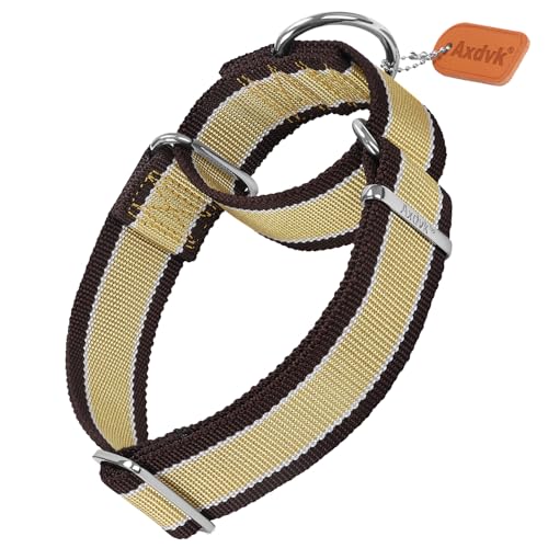 Axdvk Martingale Halsband für Hunde-4 cm Breites, 1600D Hochfestes Ausbruchssicheres Nylon-Halsband mit 3-Farben Streifen-Zugfest & Langlebig für Mittelgroße bis Sehr Große Hunde XL, Khaki&Dunkelbraun von Axdvk