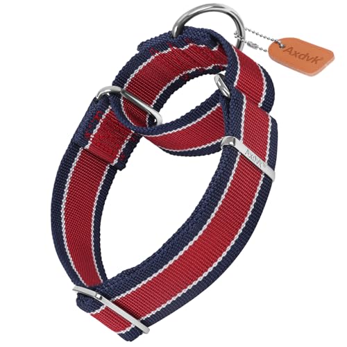 Axdvk Martingale Halsband für Hunde-4 cm Breites, 1600D Hochfestes Ausbruchssicheres Nylon-Halsband mit 3-Farben Streifen-Zugfest & Langlebig für Mittelgroße bis Sehr Große Hunde XL, Rot & Marineblau von Axdvk