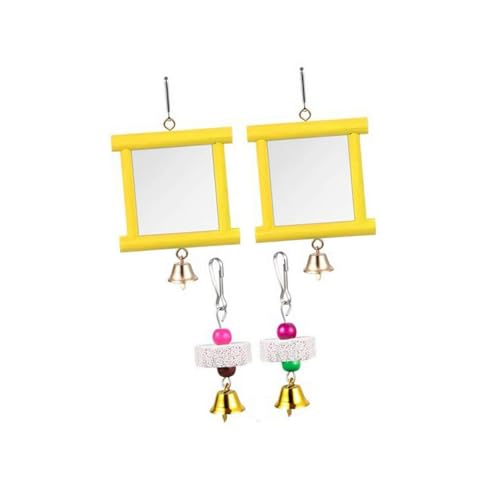 Aymzbd 2 x Hühner-Spielzeug mit Spiegel, Holzspielzeug für den Hinterhof, Schnabelschleifsteine mit Glocken für Sittiche, Gelb von Aymzbd