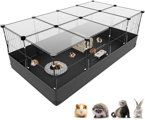 Aystkniet Meerschweinchenkäfig mit Deckel & 12 Paneelen, Dreifache Sicherung Kleintiergehege mit wasserfester PVC-Einlage & EIN-klick-Haken, 48 x 24 x 16 C&C Gitterkäfig für Kaninchen, Igel, Hamster von Aystkniet